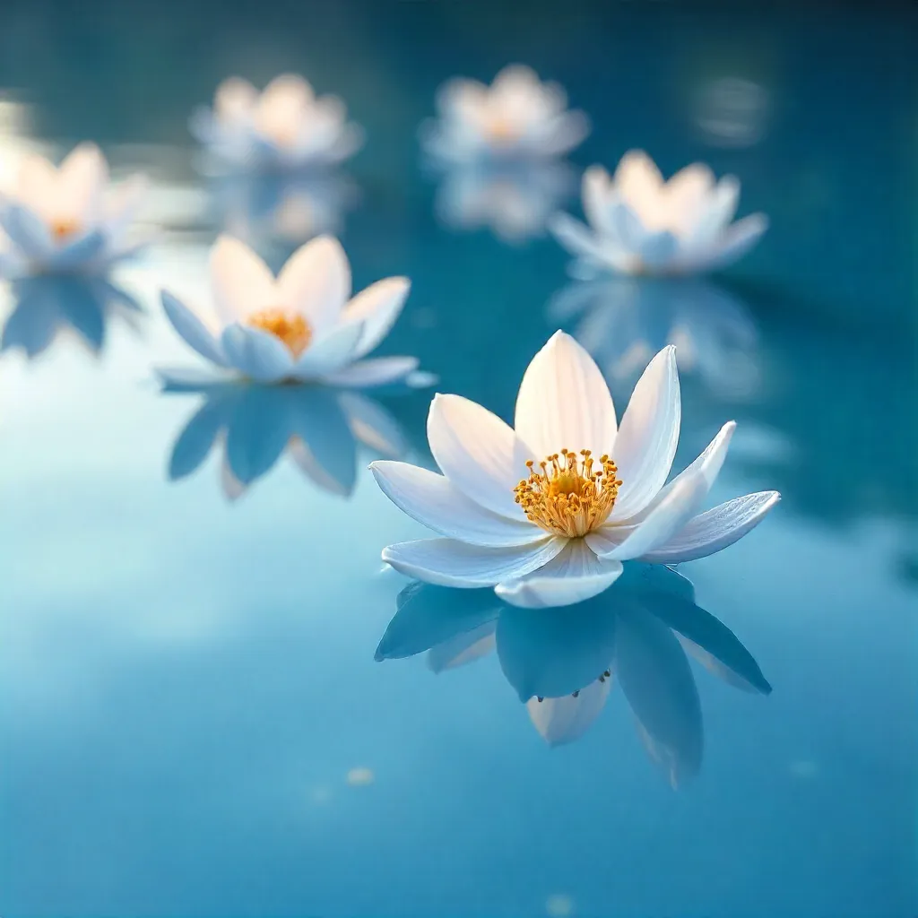 Delicate White Flowers on Serene Blue Water