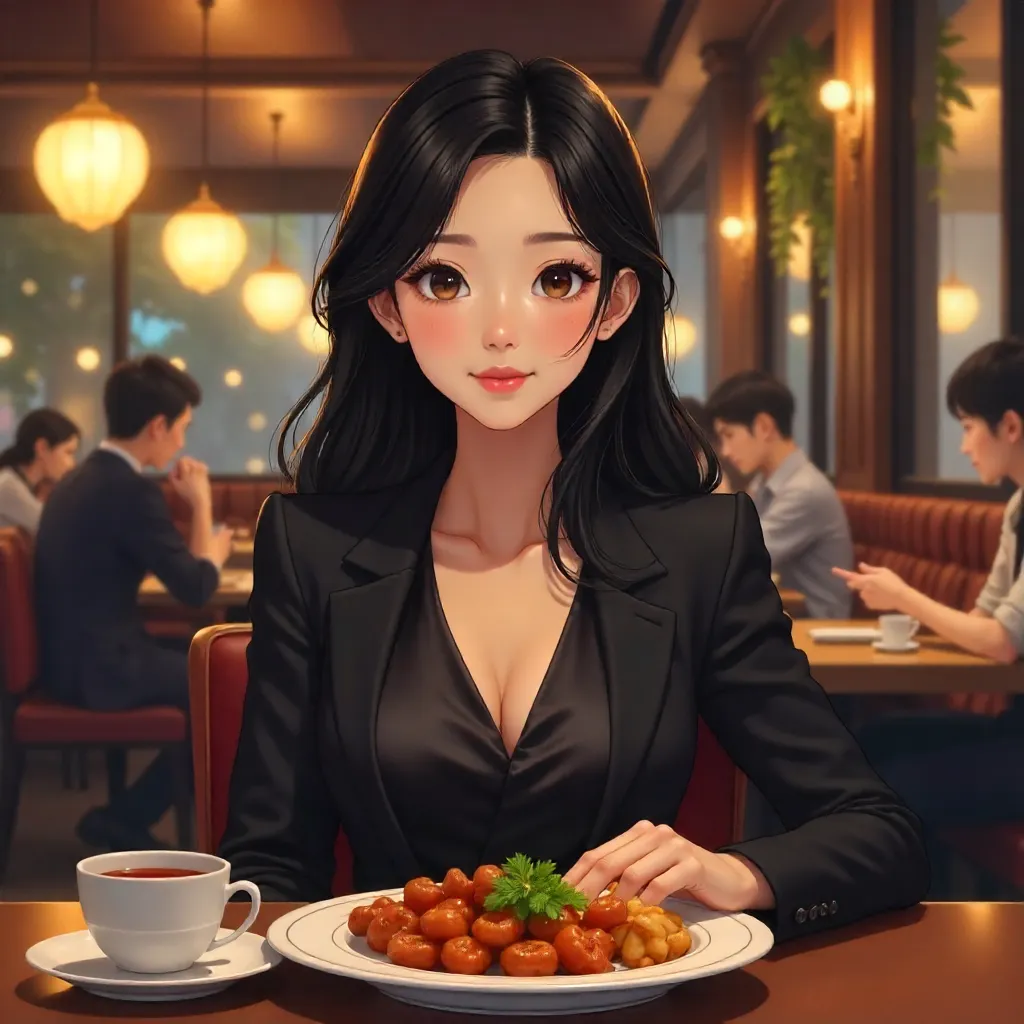 Elegant Asian Woman in an Anime-Style Restaurant