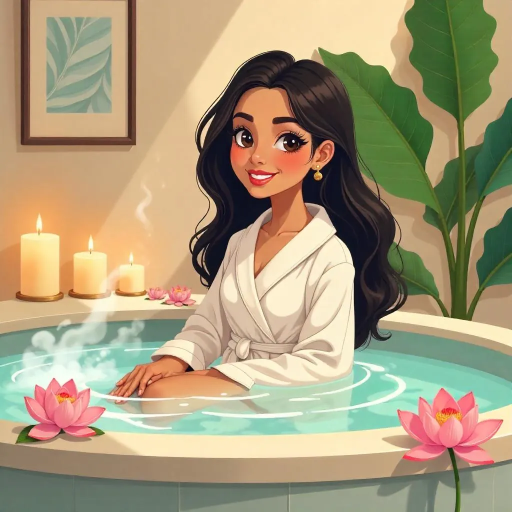 Serene Cartoon Spa Portrait of a Middle Eastern Girl