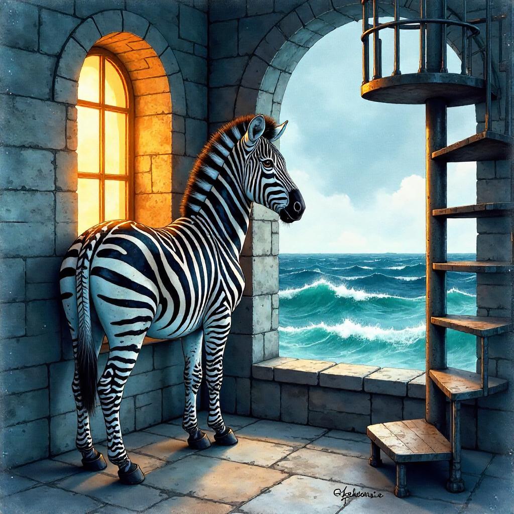 Zebra in a Lighthouse — Watercolor Reverie
