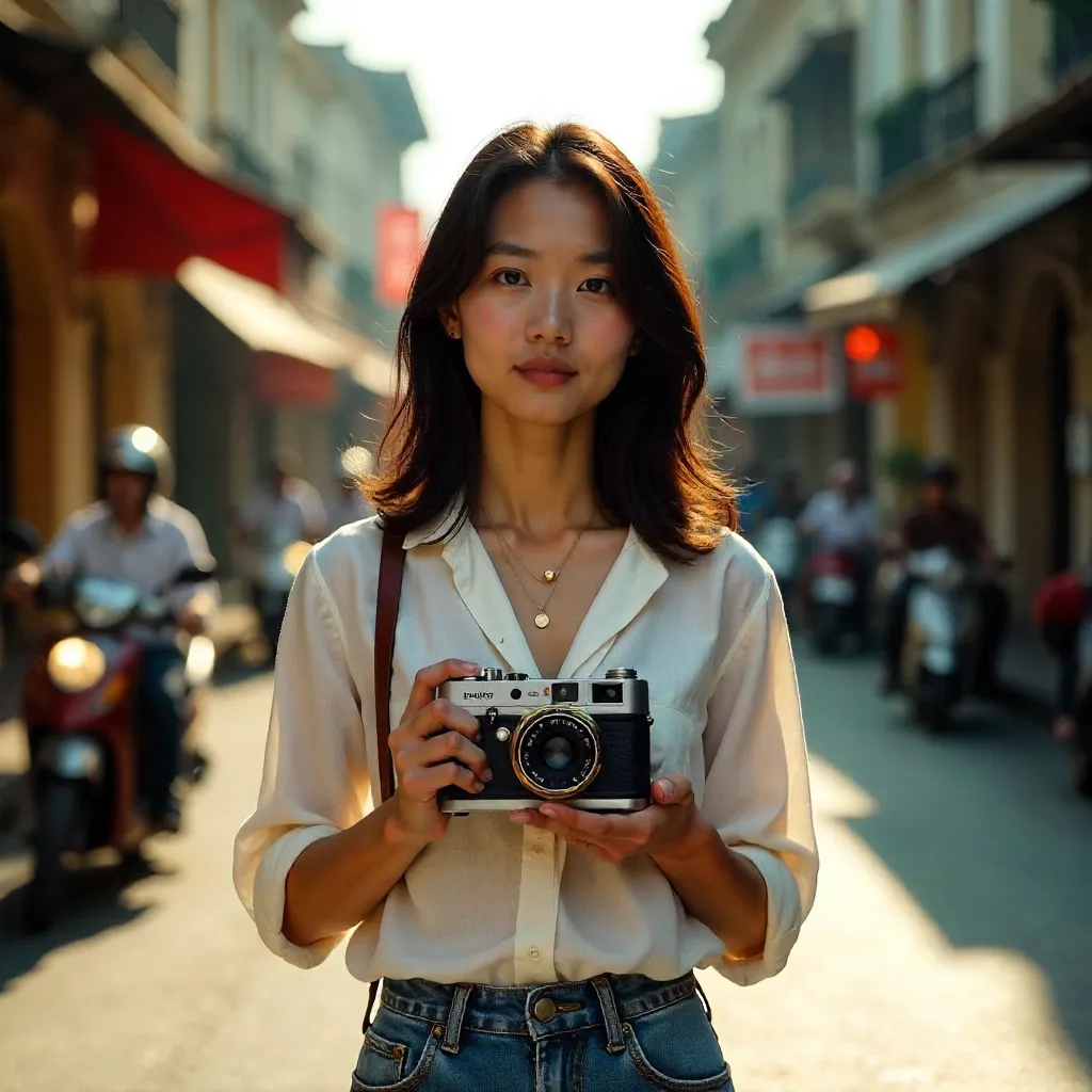 Portrait of a Young Woman with a Vintage Camera in Saigon