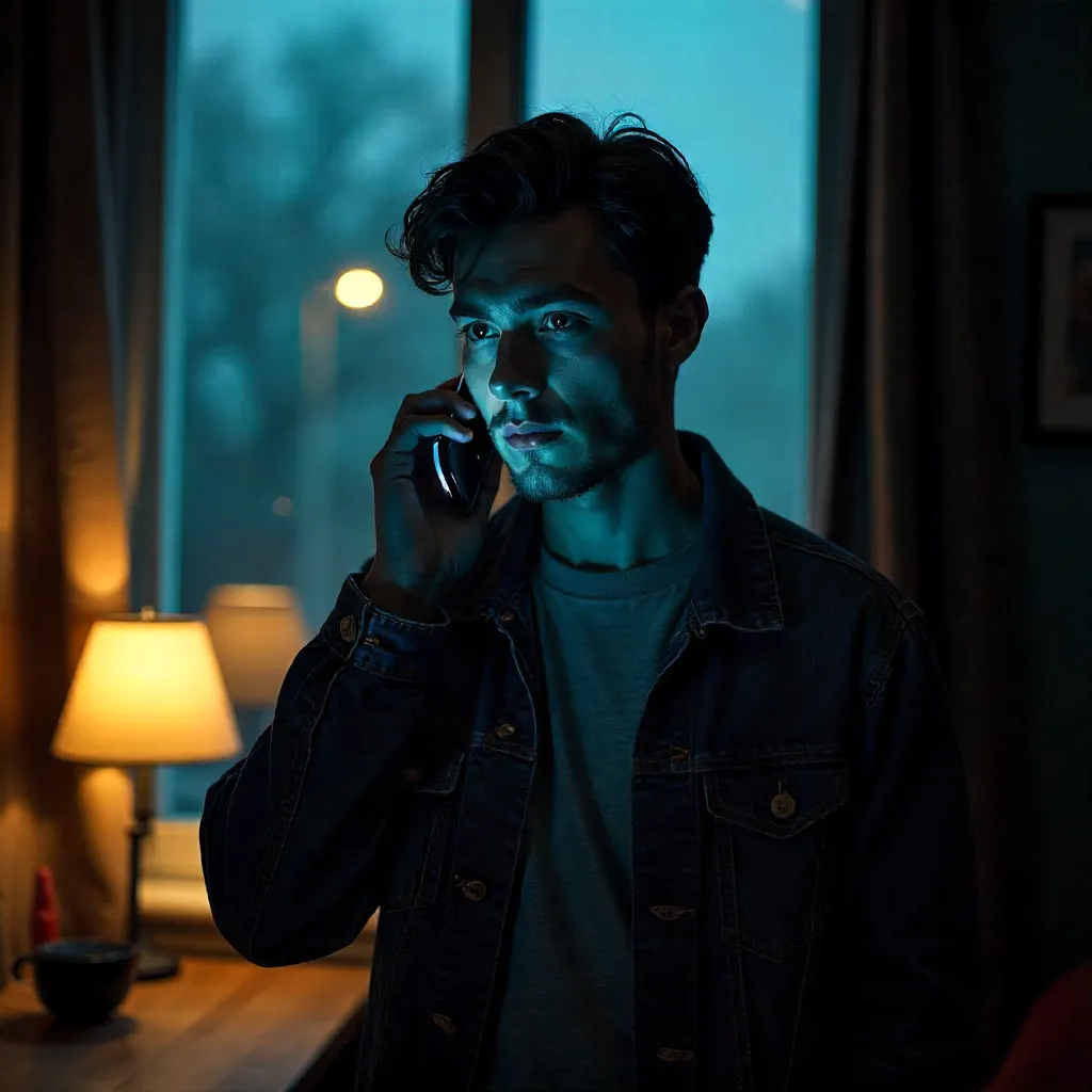 Moody Dim-Light Portrait: Young Man on the Phone