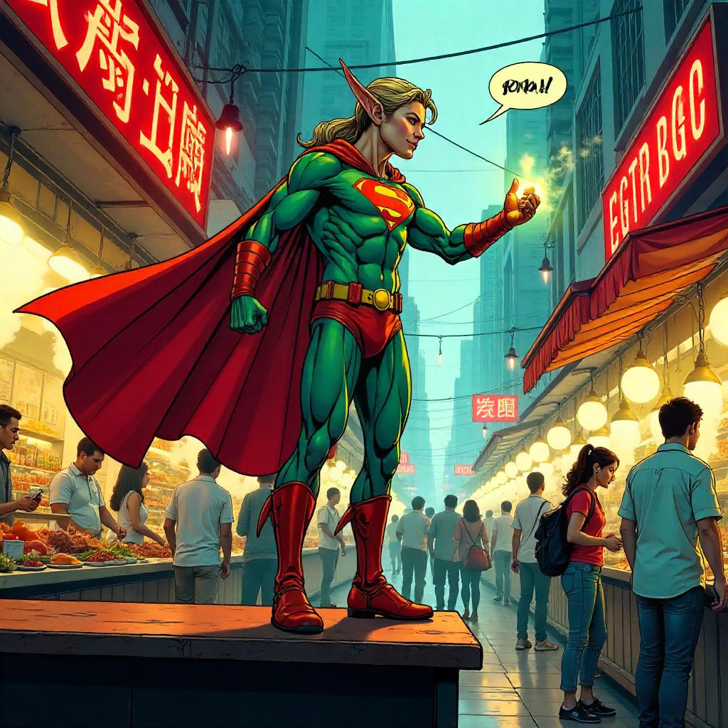 Elven Hero in a Bustling Comic Food Court