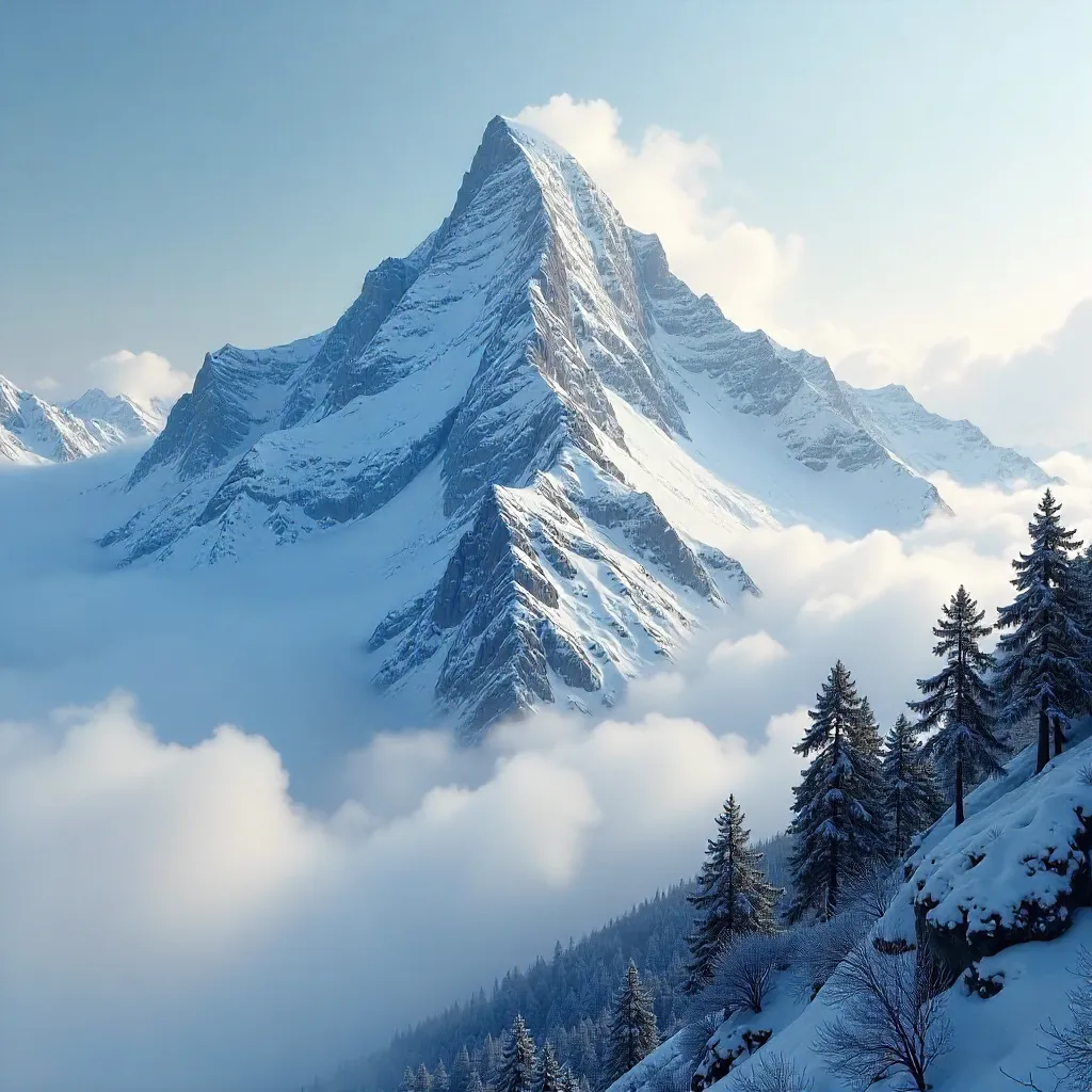 Mist-Wrapped Winter Peak Above Cloud Veil