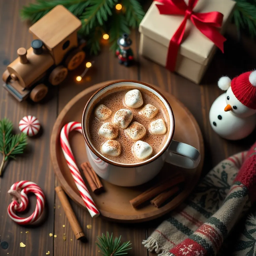 Cozy Festive Flat Lay: Cocoa, Marshmallows & Toys