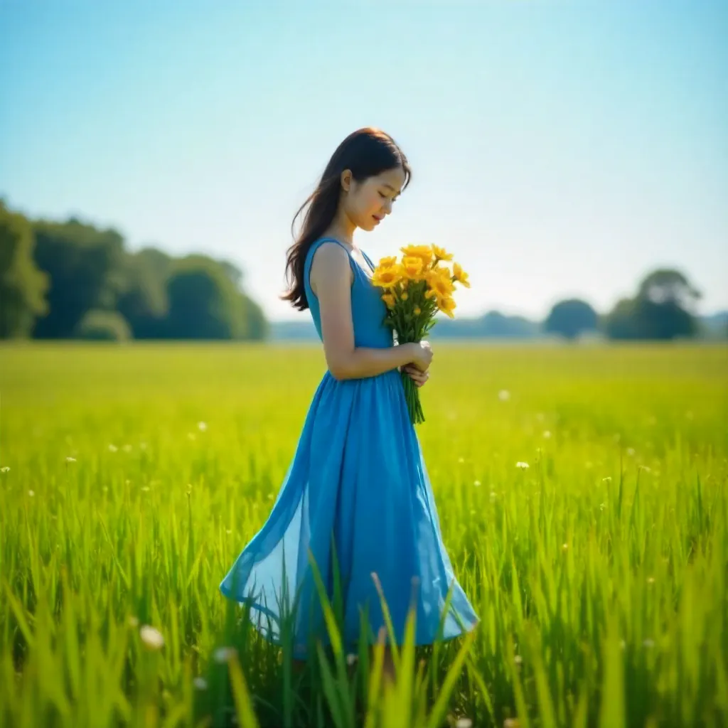 Serene Blue Dress in a Yellow Flower Field