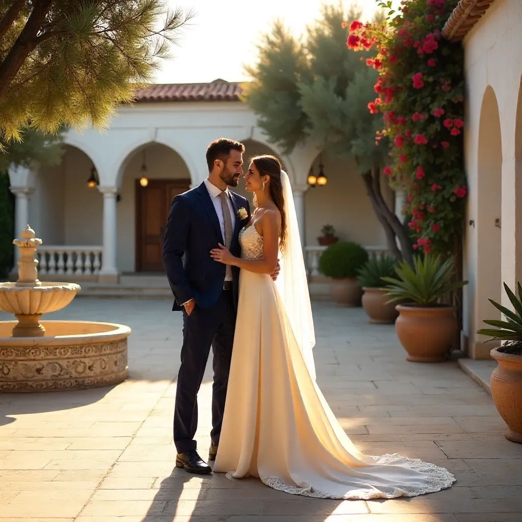 Elegant Bride and Groom in Antalya Courtyard