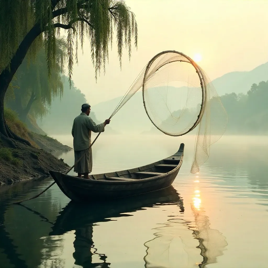 Tranquil River Fisherman Casting a Traditional Net