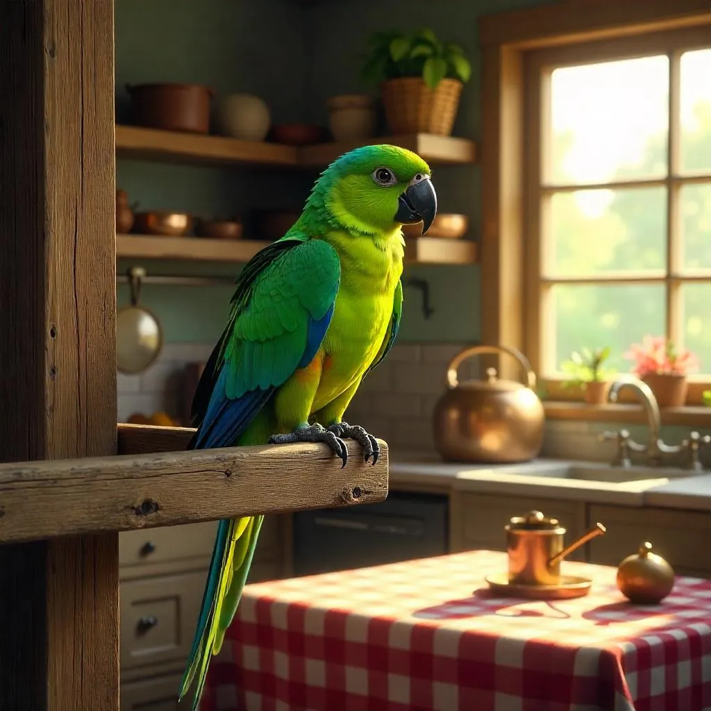 Parrot in a Rustic Farmhouse Kitchen