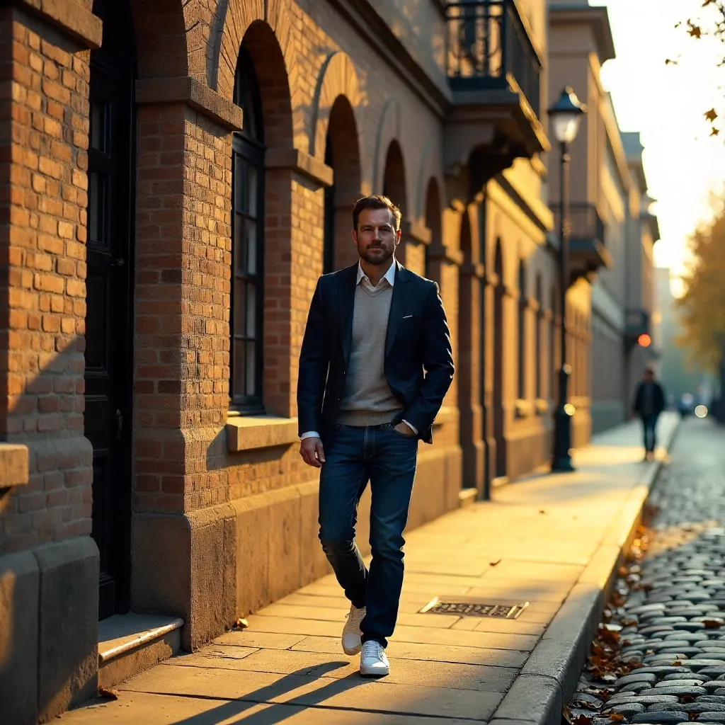 Strolling by a Historic Stone-and-Brick Facade