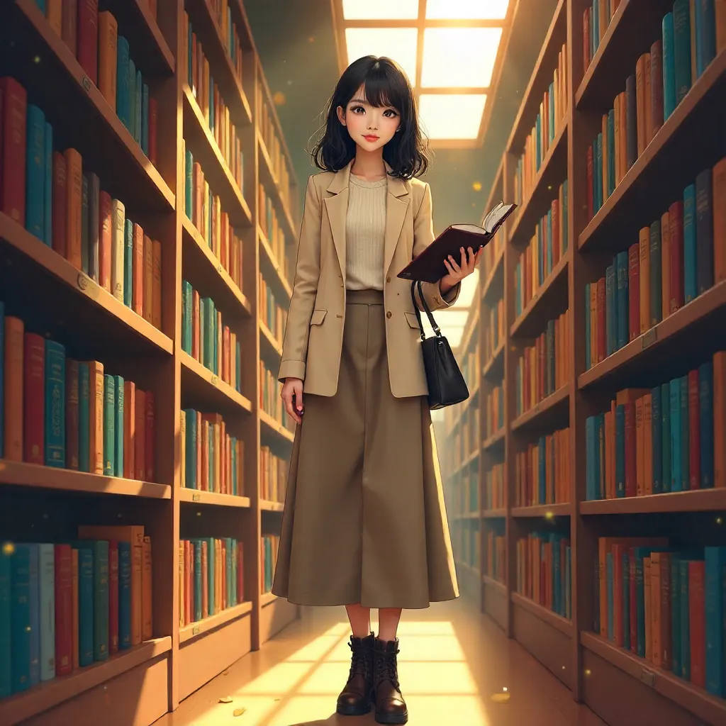 Stylish Asian Woman in a Cozy Anime Bookstore