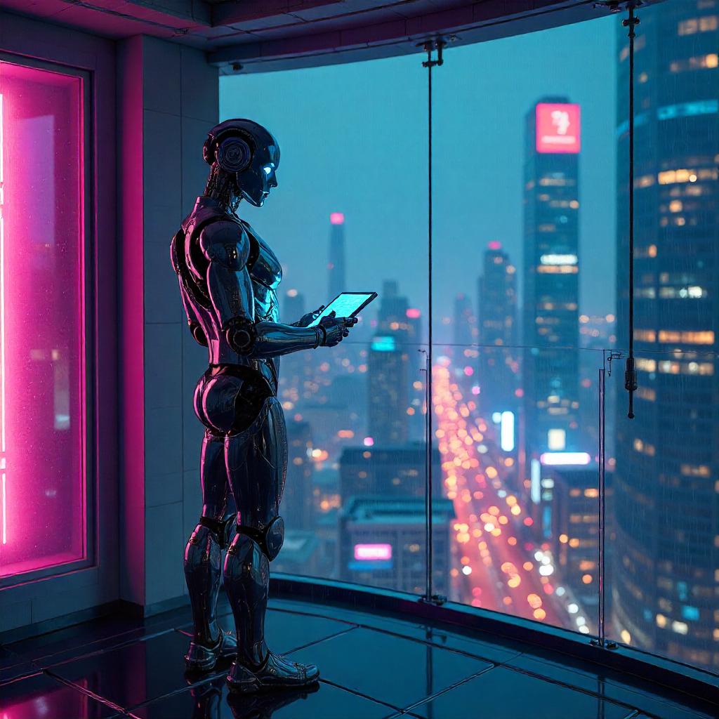 Android Sentinel in a Neon Skyscraper