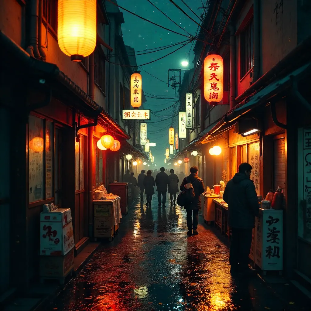 Night Tokyo Alley of Lanterns and Autumn Leaves