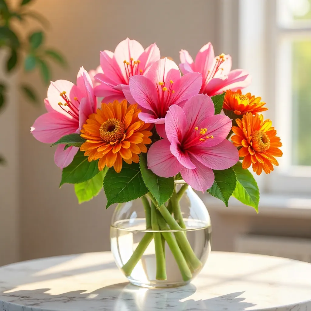 Spring Bright Rhododendrons in Crystal Vase