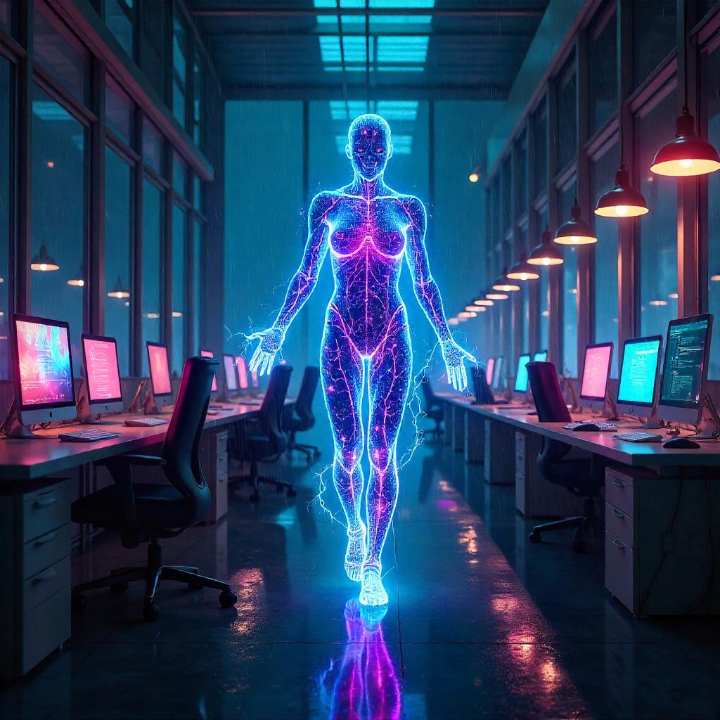 Luminescent Energy Being in a Cyberpunk Office