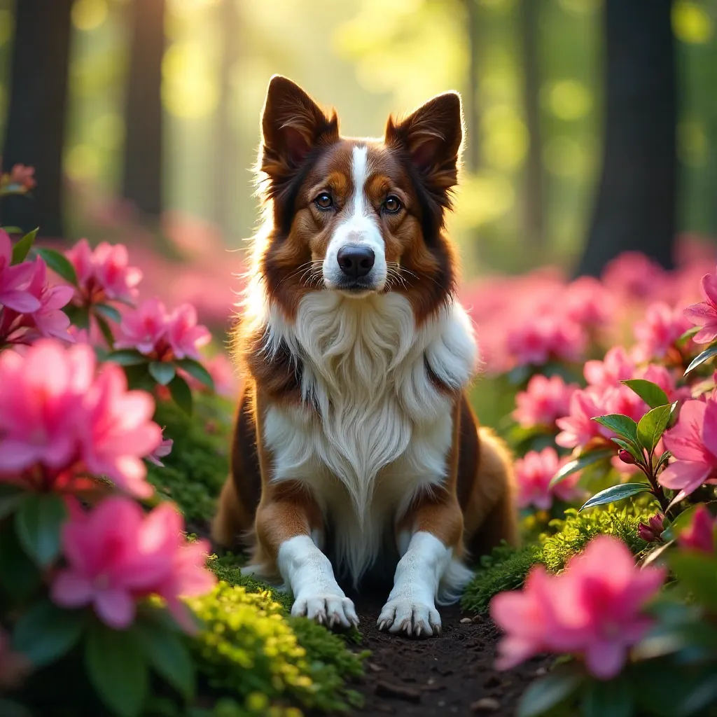 Border Collie among pink rhododendrons in a forest