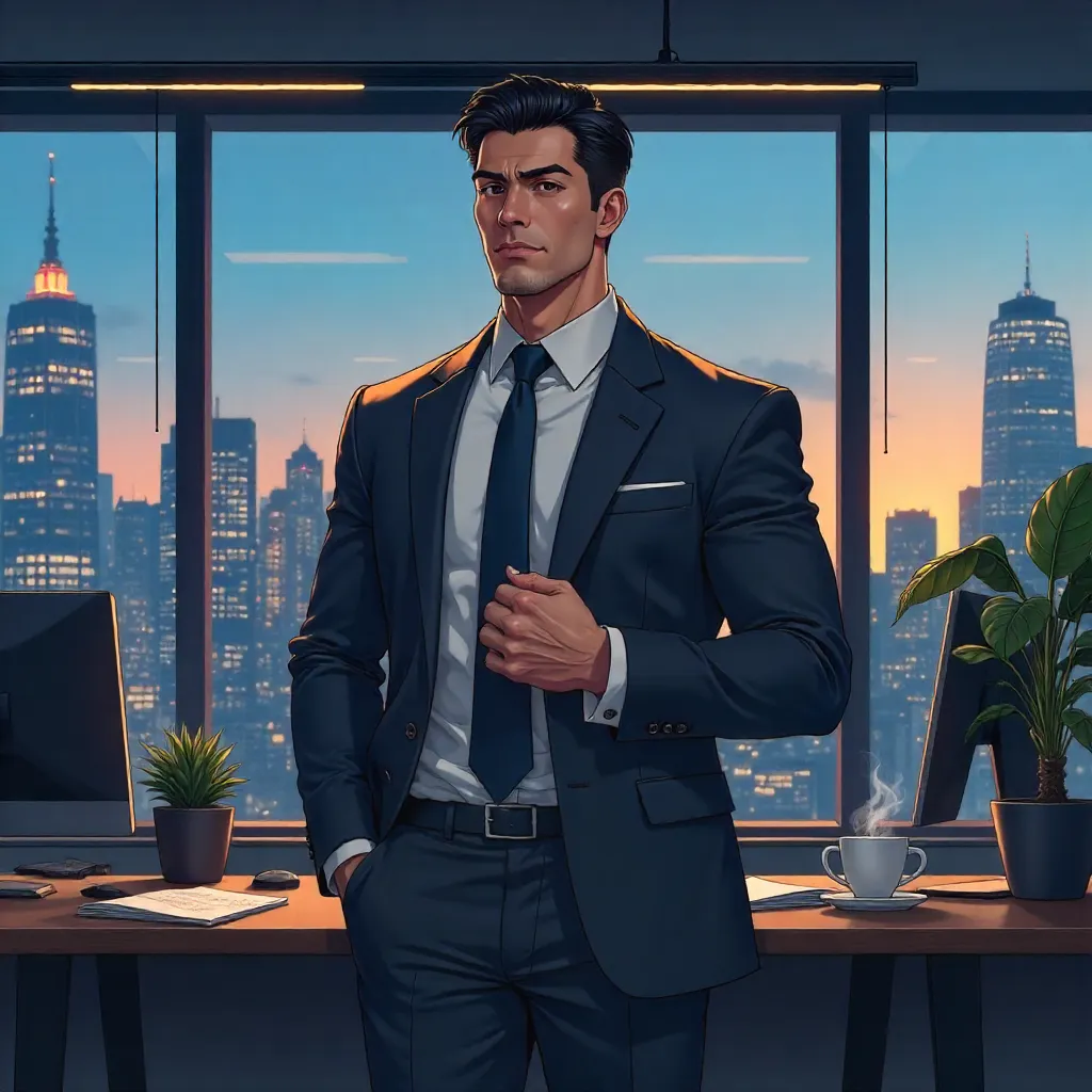 Strong Asian Man in an Office - Anime Style