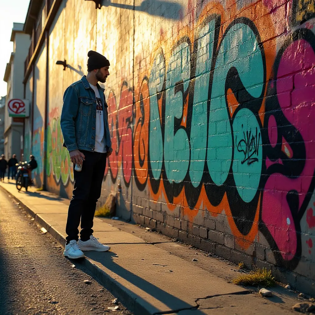Sunlit Berlin Street: Man, Graffiti, and Shadows