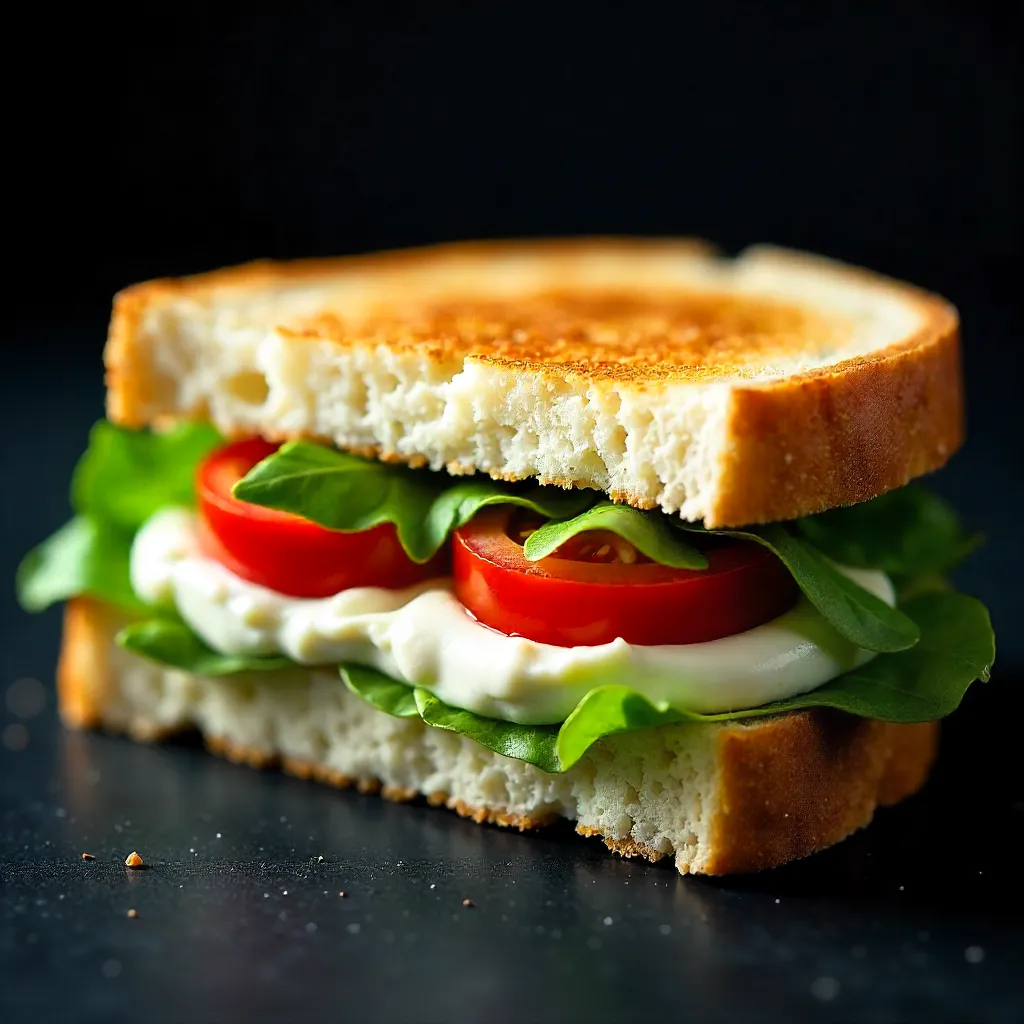 Close-Up Cream Cheese Sandwich with Arugula and Tomatoes