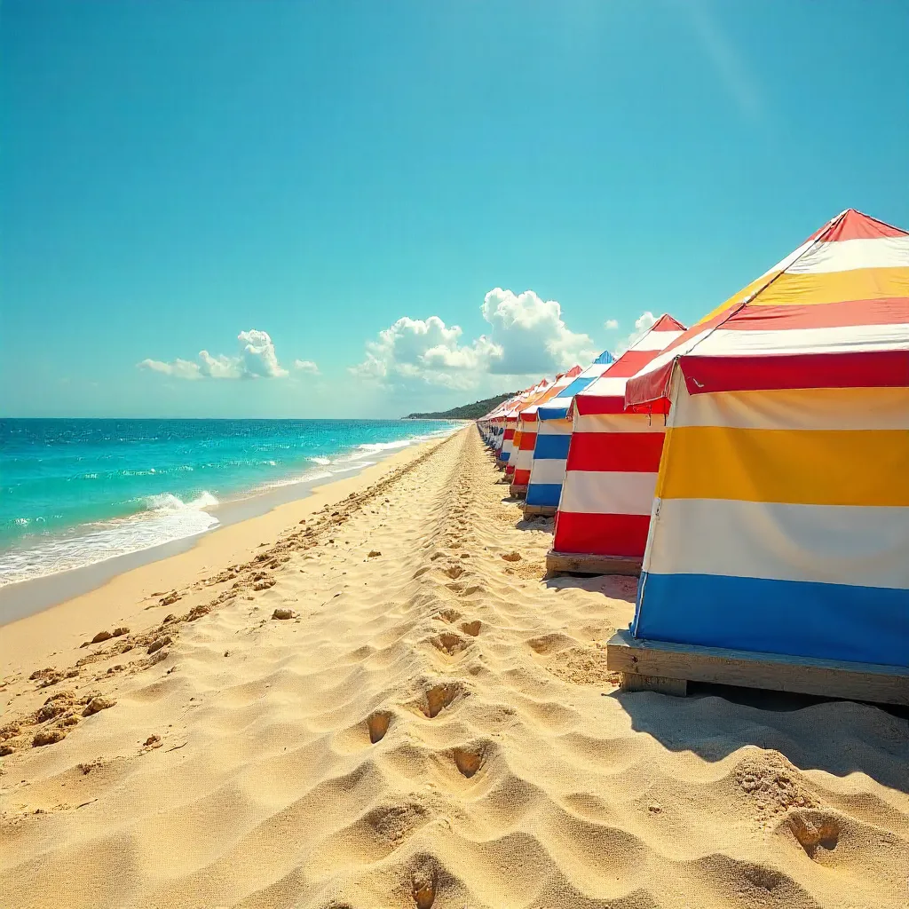Striped Beach Tents on a Sunny Shore
