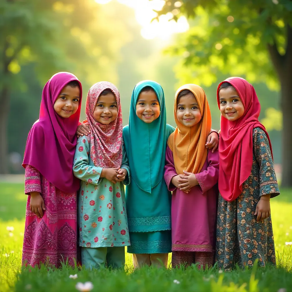 Colorful Hijabs Unite: Diverse Girls Outdoors
