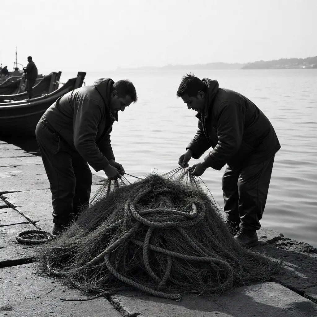 Two Fishermen Preparing Nets by the Sea in Black and White