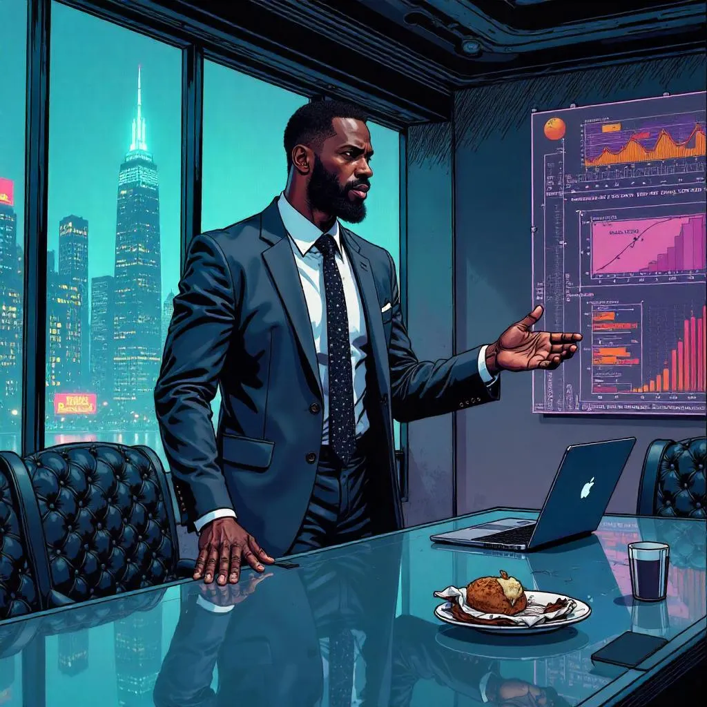 Stylish Black Man in a Comic Boardroom
