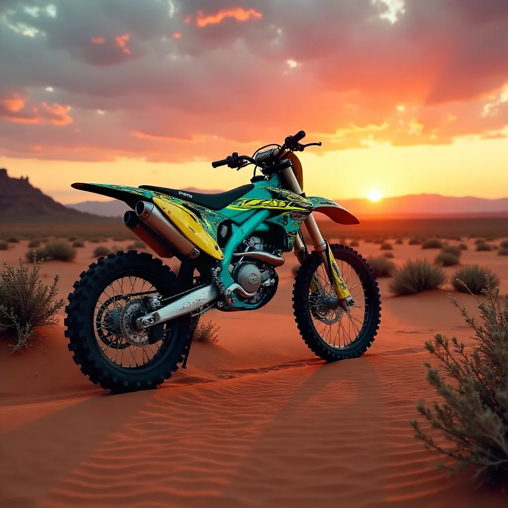 Dirt Bike at Sunset on Red Desert Sand
