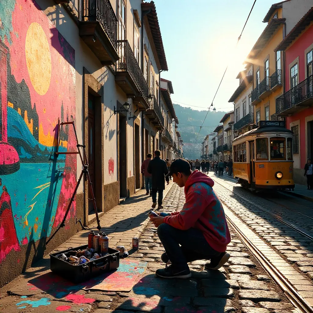 Vibrant Porto Street Artist in Busy Alley