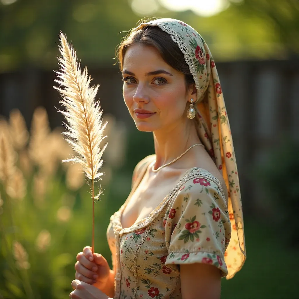 Vintage Portrait: Patterned Headscarf with Pampas Grass