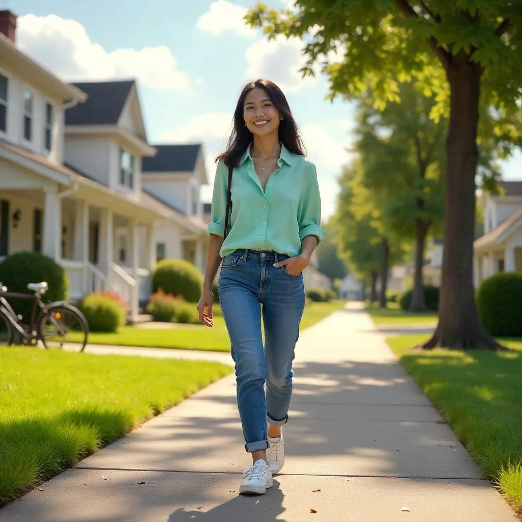 Cheerful Asian Woman in a Suburban Street