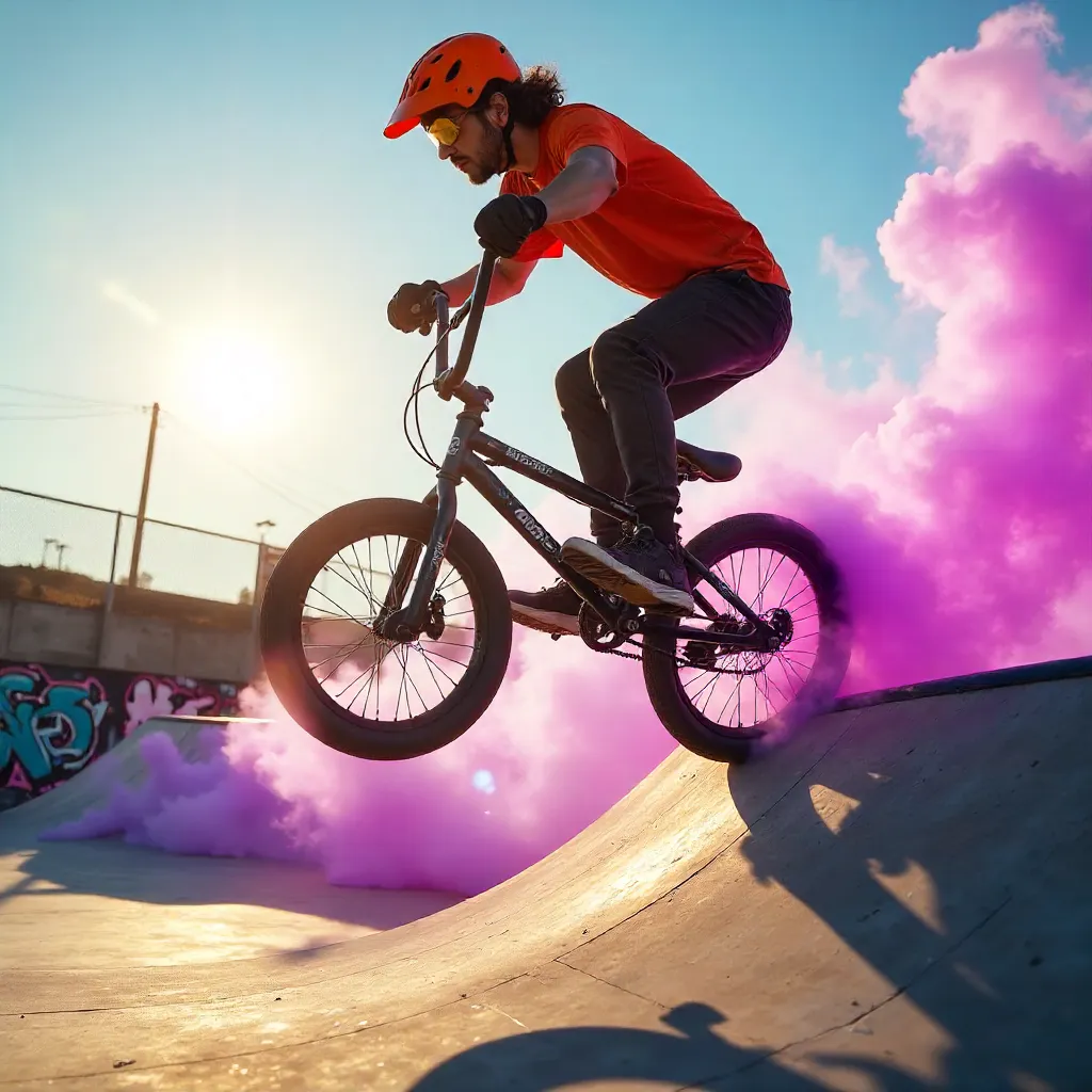 Sunlit BMX Stunt with Purple Smoke in Skatepark