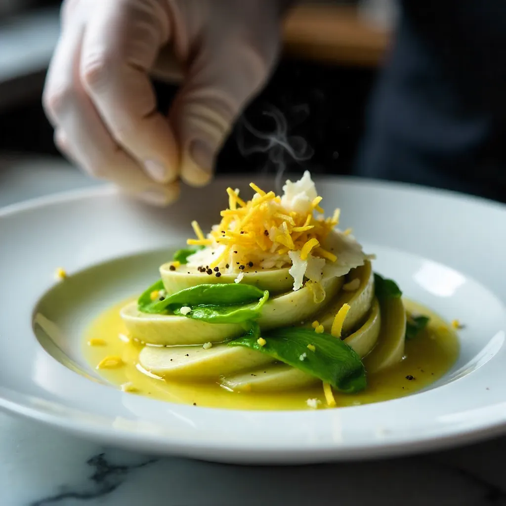 Close-Up of Gourmet Artichoke Dish Being Plated