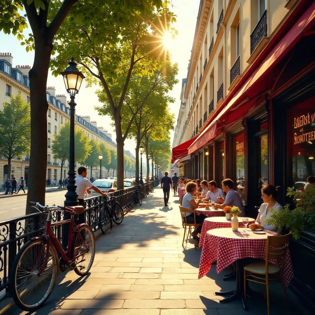 Sunlit Paris Café Terrace with Bicycles