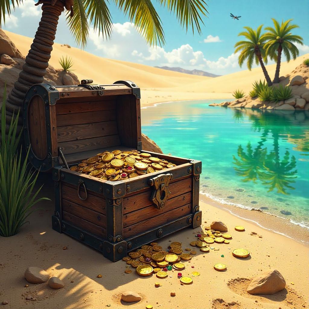 Photorealistic Oasis Treasure Chest in Desert Sunlight
