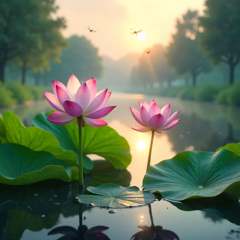 Tranquil Lotus Pond at Dawn: Blooming Greens