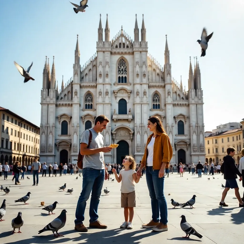 Family Feeding Pigeons at Milan's Piazza del Duomo
