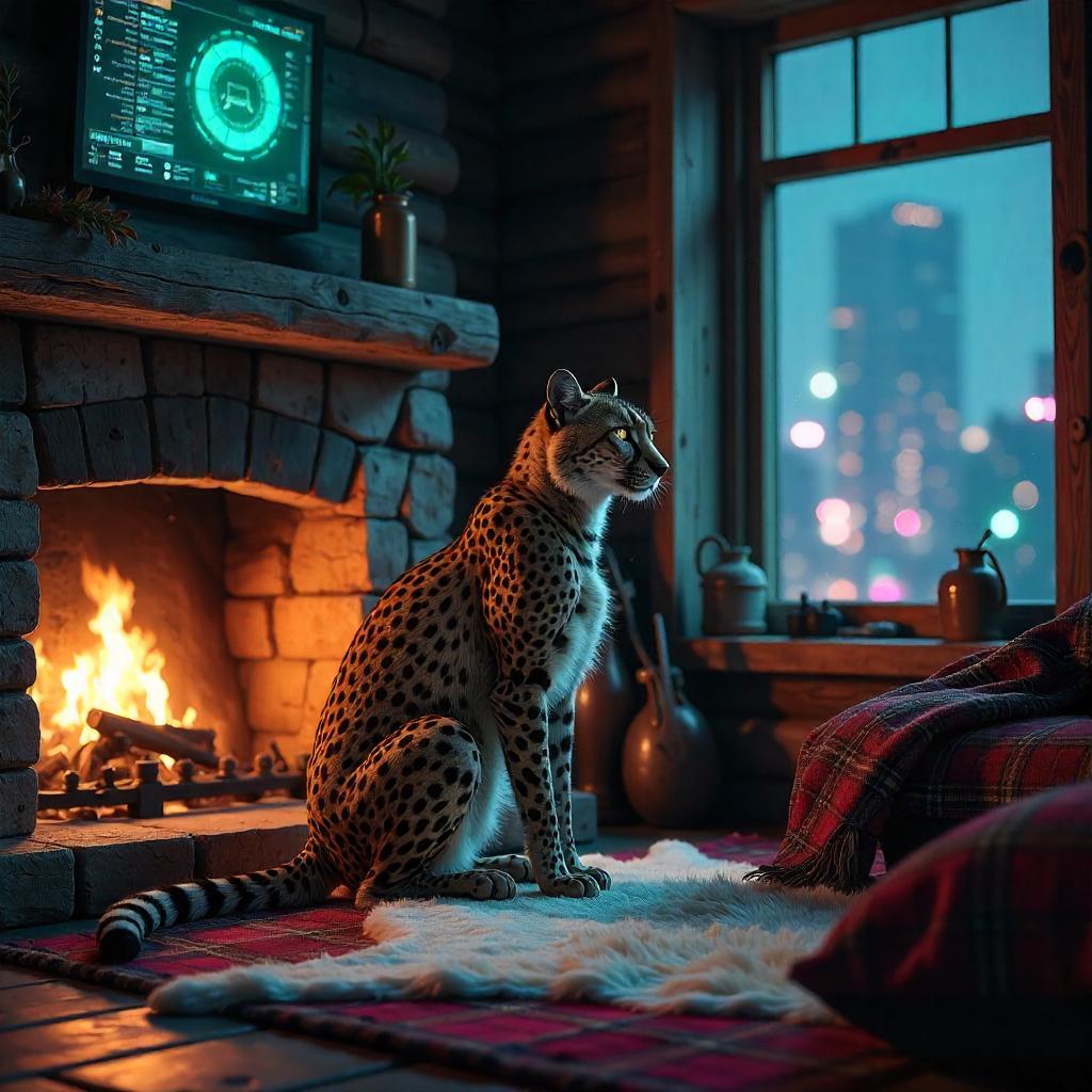 Cheetah Cyberscape in a Rustic Log Cabin