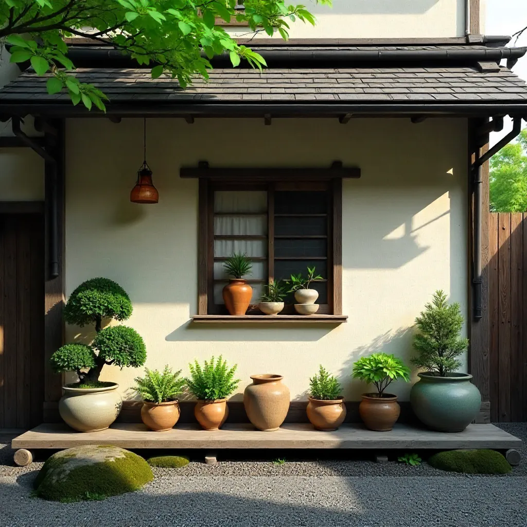 Serene Facade of a Japanese House with Potted Plants