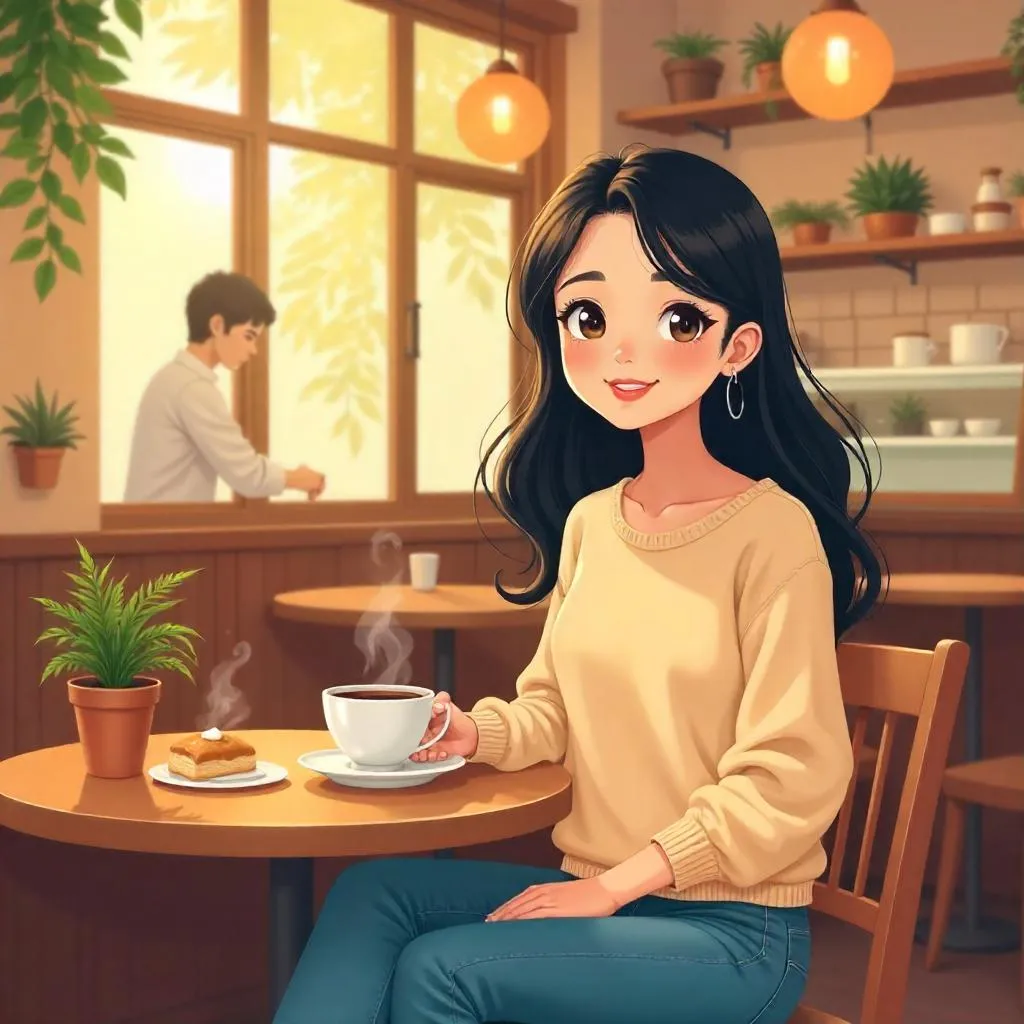 Cozy Cartoon Asian Woman in a Café
