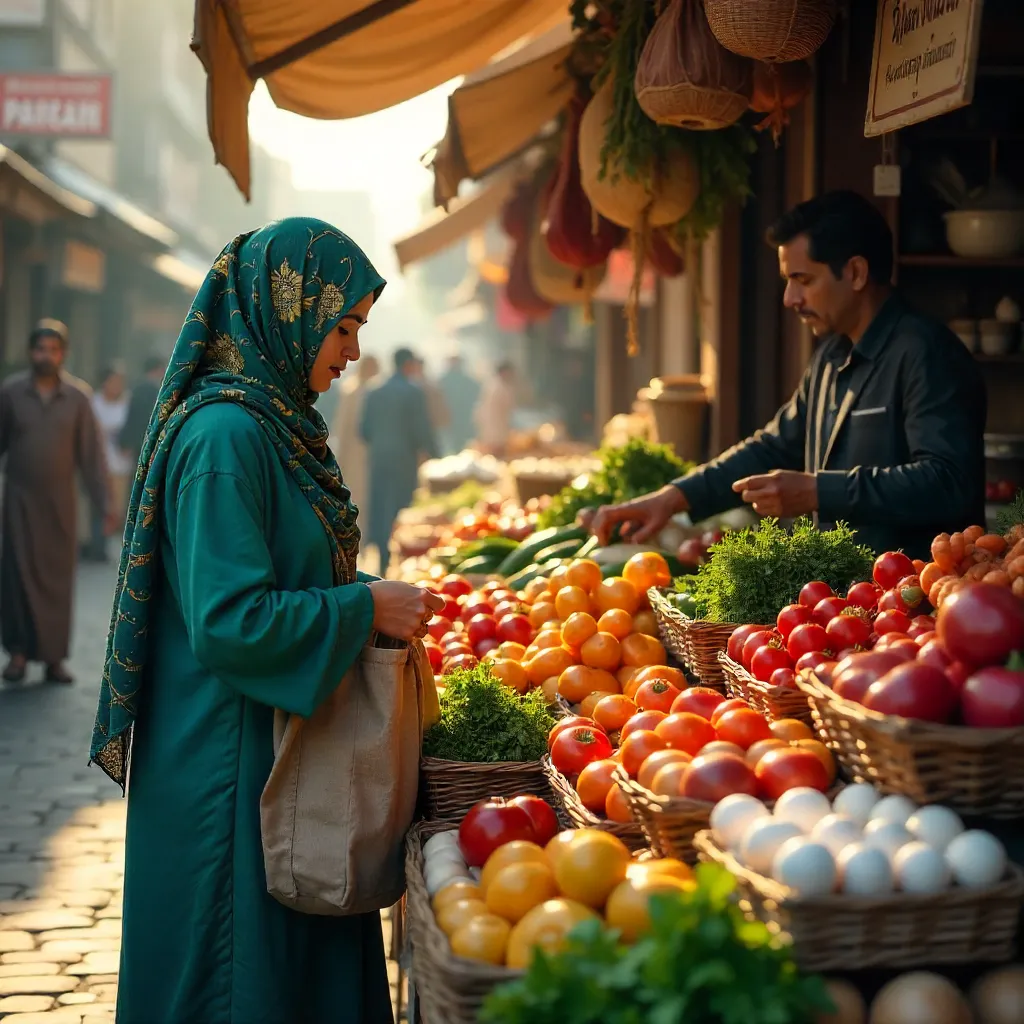 Bustling Market Stall: Hijab-Wearing Shopper