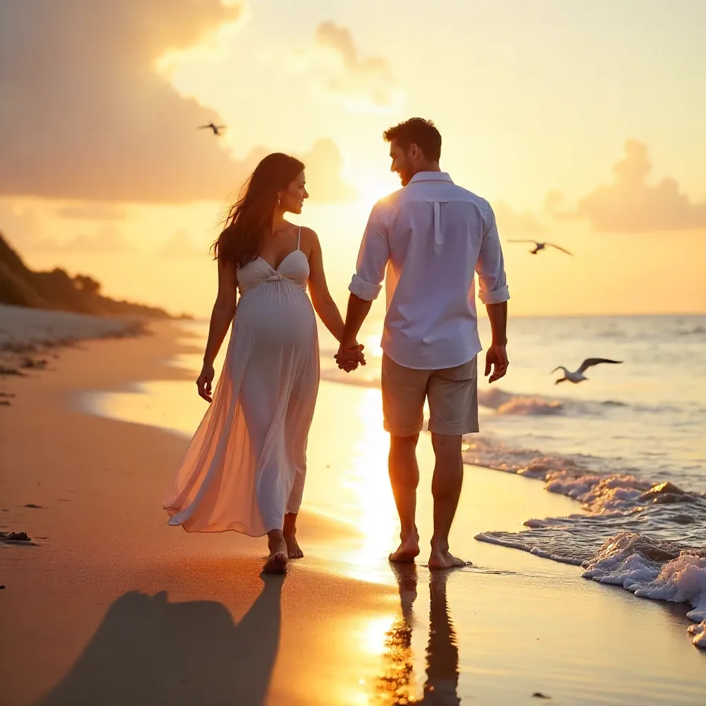 Barefoot at Golden Hour: Pregnant Couple on Beach