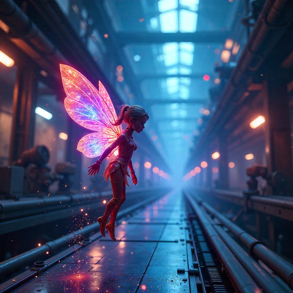 Pixie in a Neon Robot Factory (Digital Artwork)