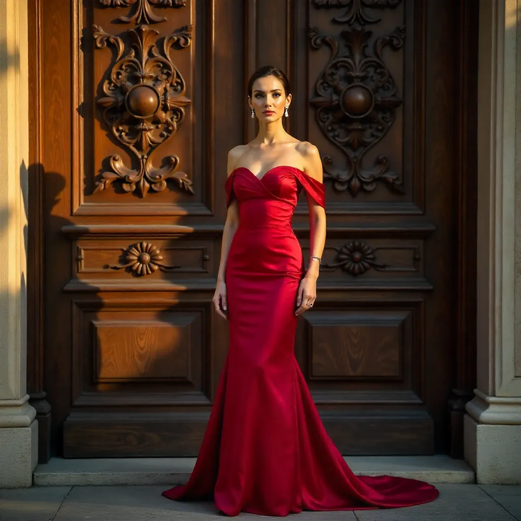 Elegance Before the Carved Wooden Door