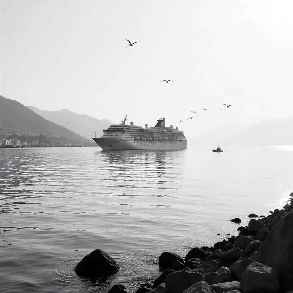 Serene Black-and-White Kusadasi Coast Scene