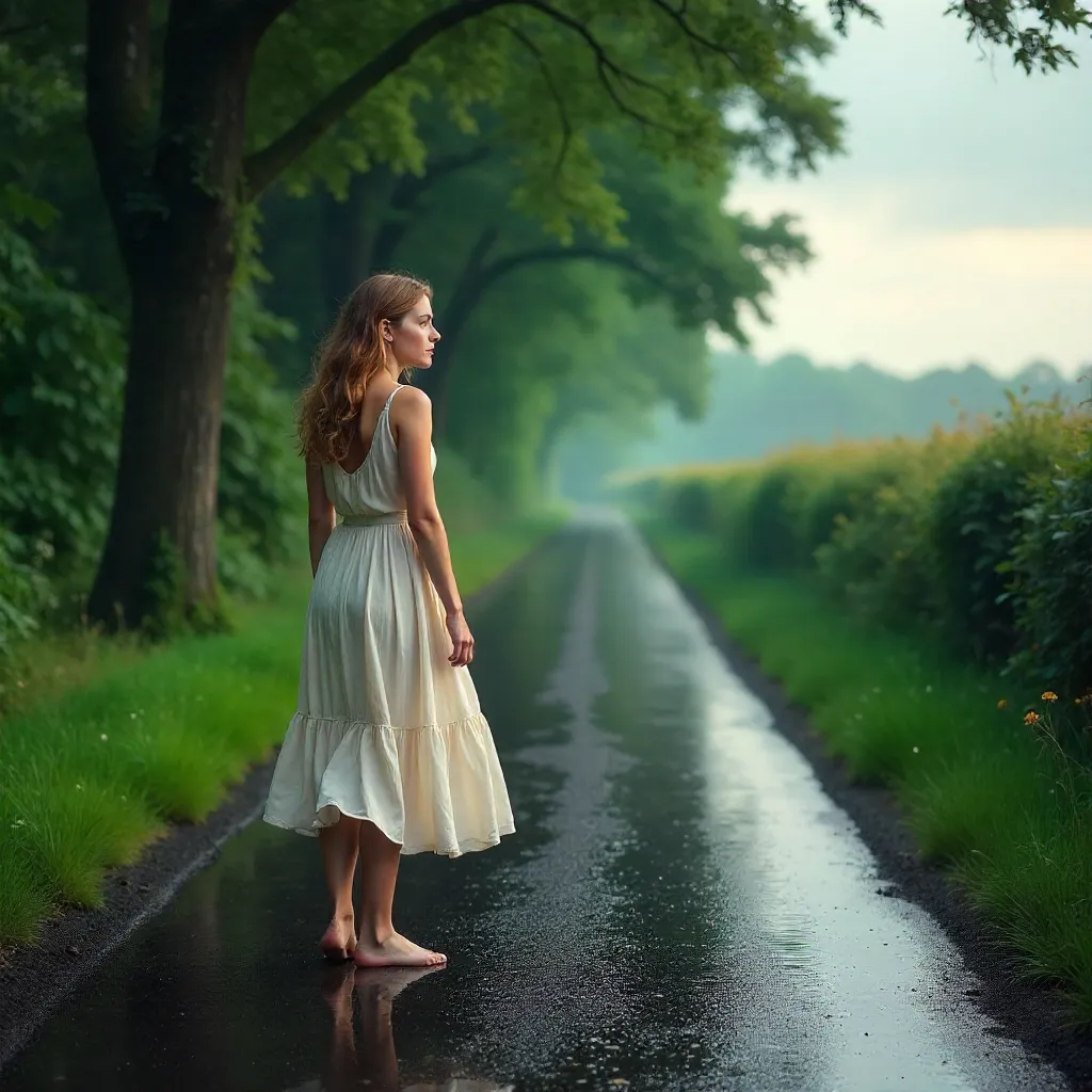 Young Woman on Wet Country Road in White Dress