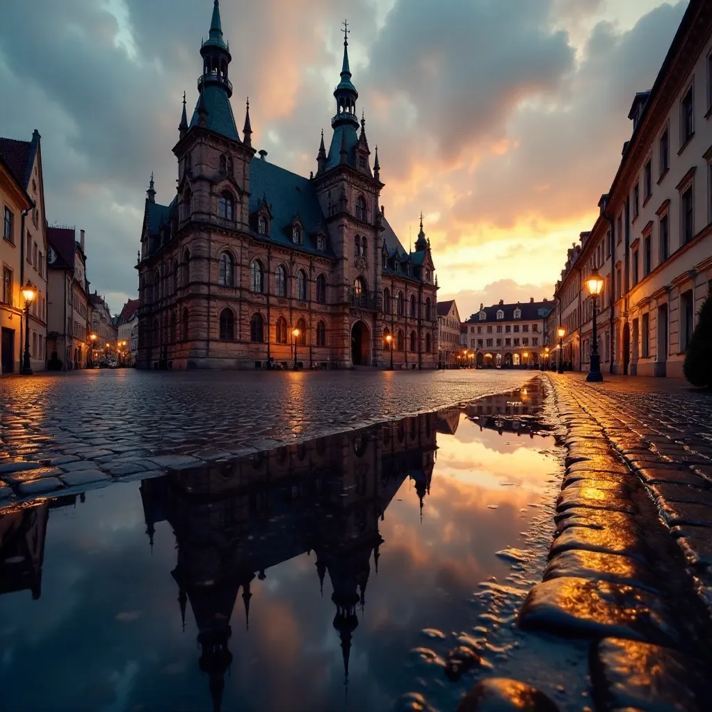 Dusk Reflection of Tallinn Town Hall in a Puddle