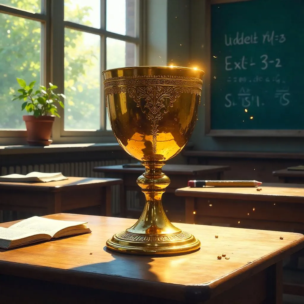Golden Chalice in a Sunlit School Classroom
