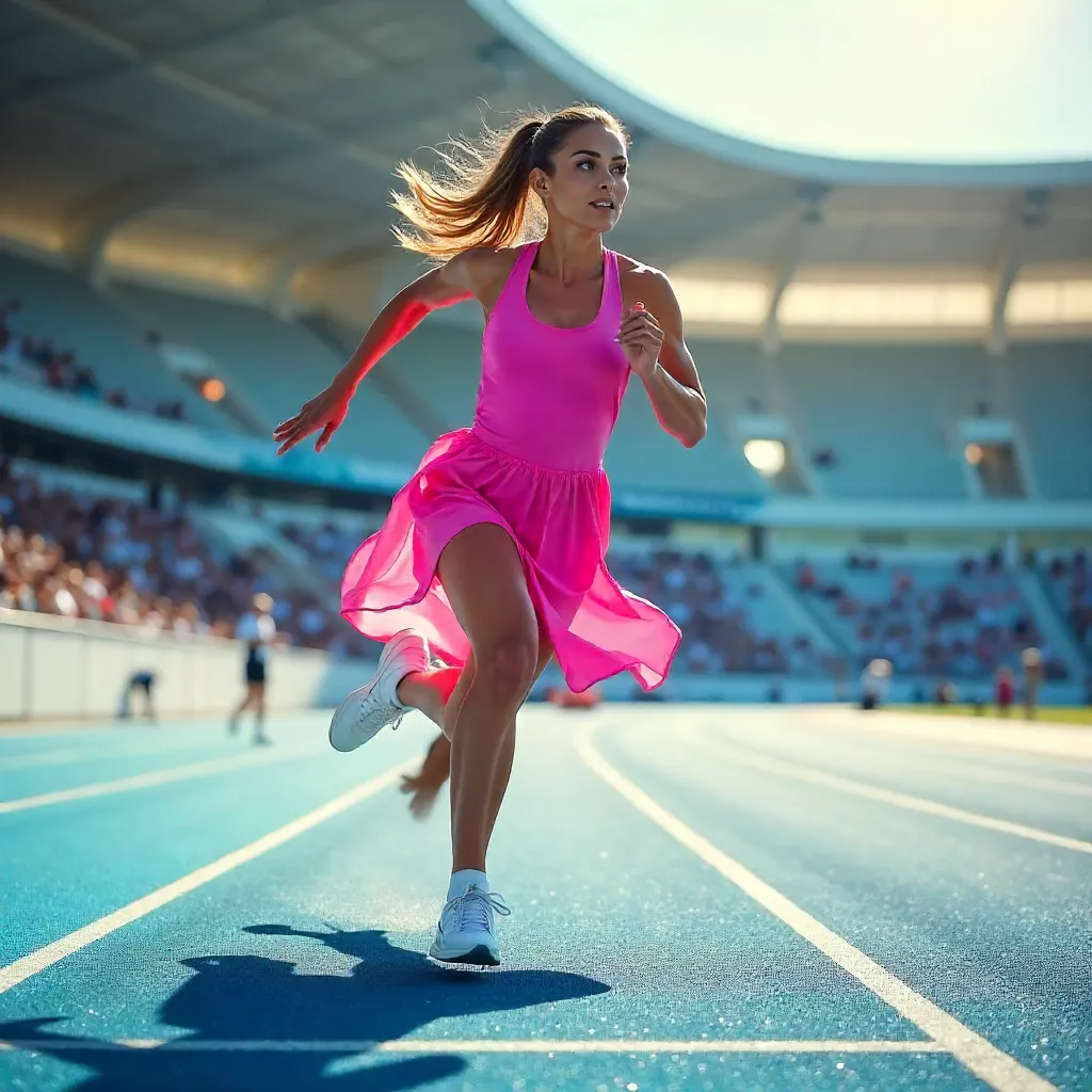 Dynamic Sprint in a Pink Dress on the Track