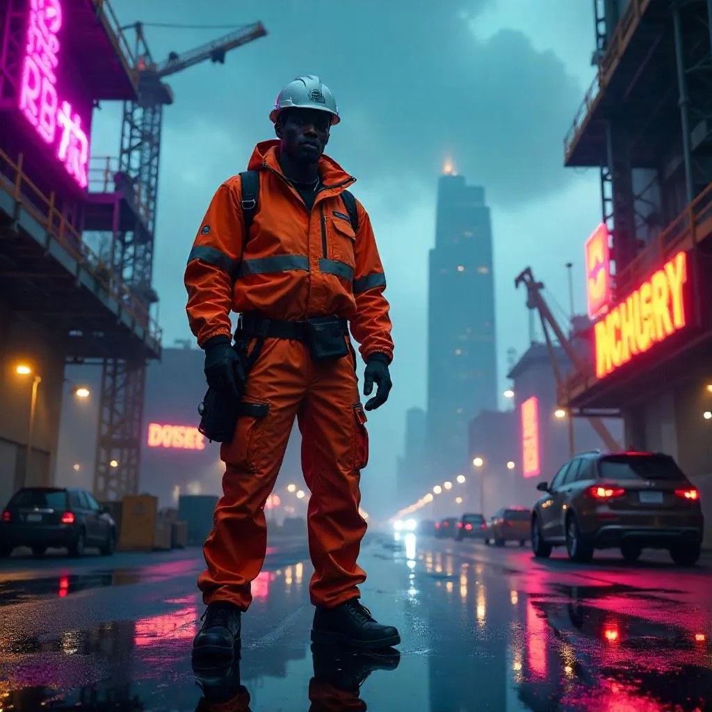 Confident Black Cyberpunk Foreman at Neon Construction Site